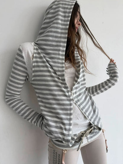 Zipper Fake Two-Piece Outerwear Base Layer Long-Sleeve Hooded Striped Top【s0000018384】