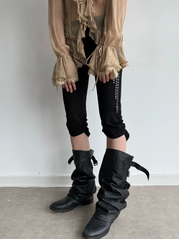 Capri Base Metal Rhinestone Base Slim Fit Fencing Stretch Pants【s0000018386】