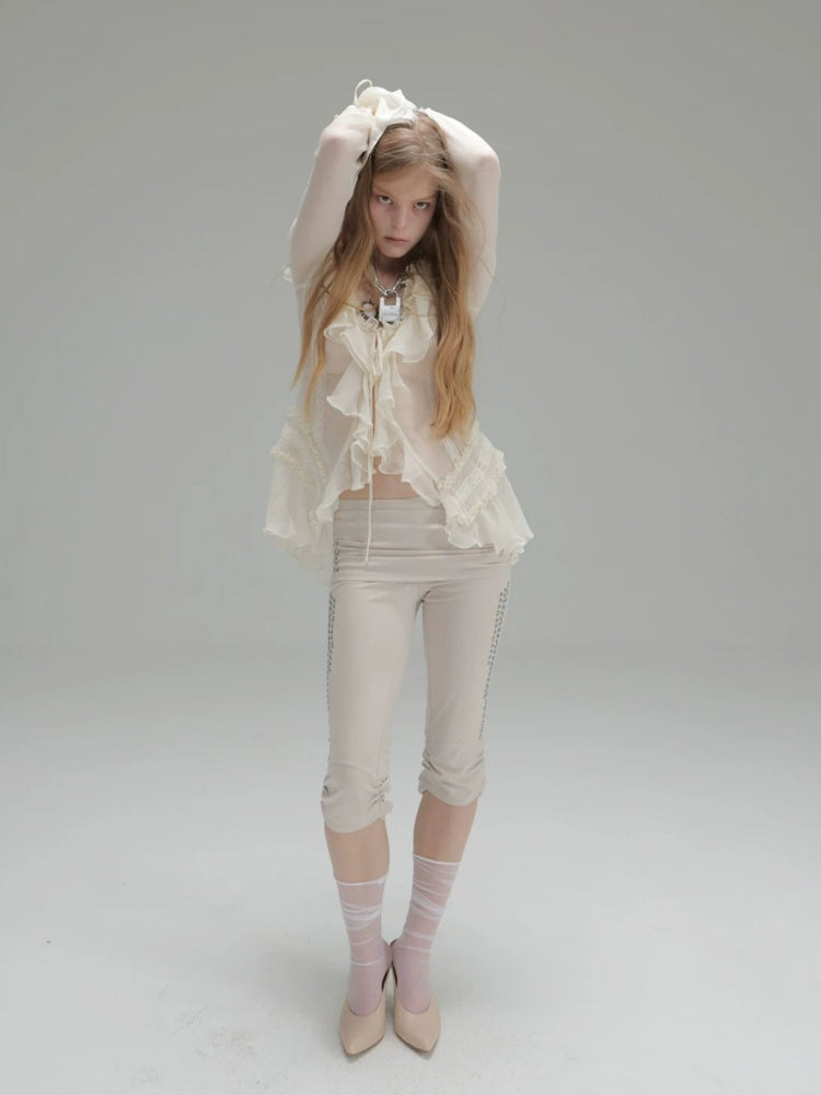 Capri Base Metal Rhinestone Base Slim Fit Fencing Stretch Pants【s0000018386】