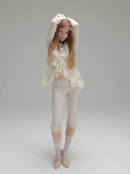 Capri Base Metal Rhinestone Base Slim Fit Fencing Stretch Pants【s0000018386】