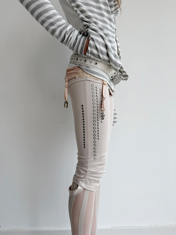 Capri Base Metal Rhinestone Base Slim Fit Fencing Stretch Pants【s0000018386】