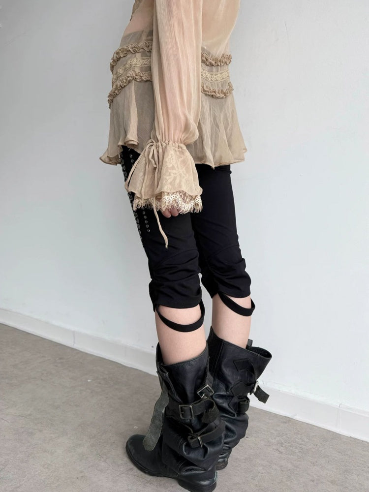 Capri Base Metal Rhinestone Base Slim Fit Fencing Stretch Pants【s0000018386】