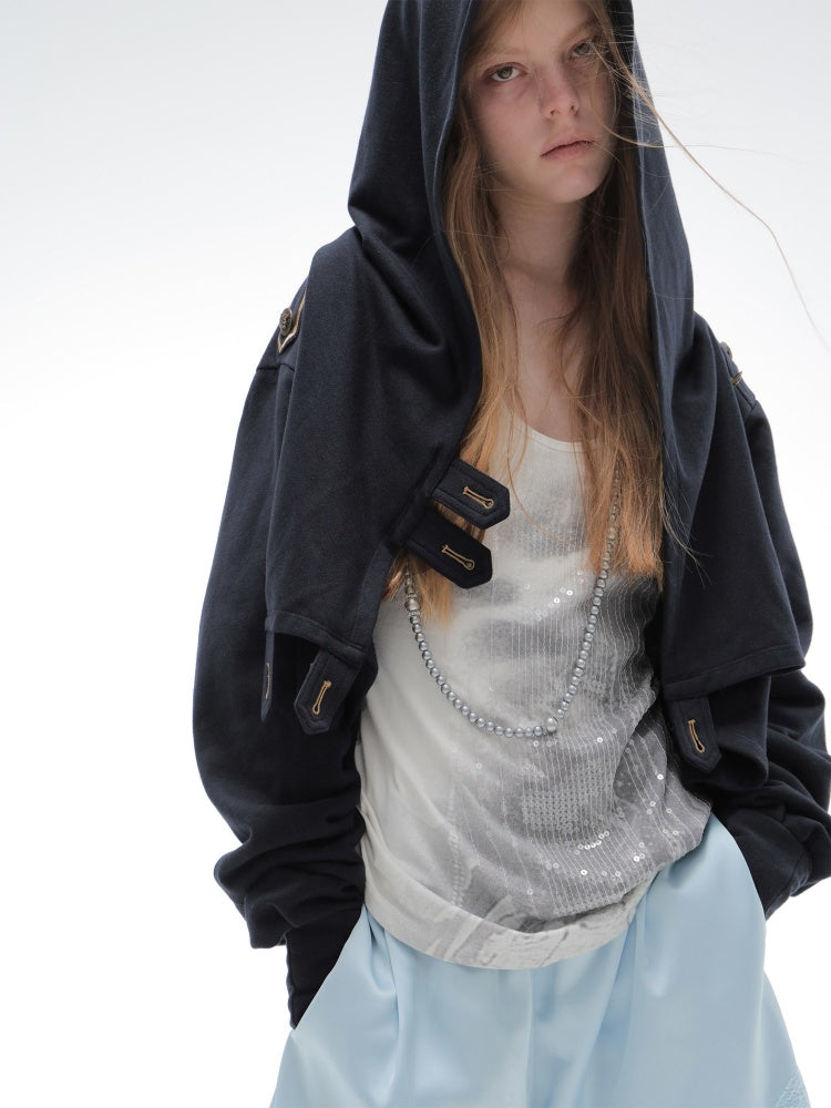 Hooded Asymmetrical Wandering Short Cape Sweatshirt Jacket【s0000018387】