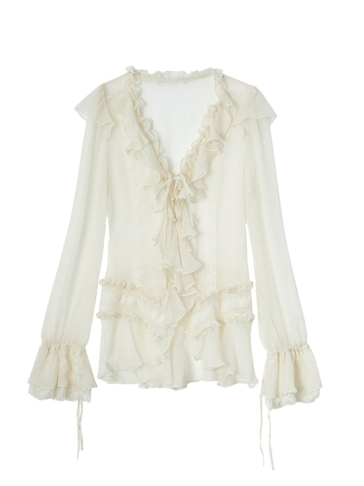 Lightweight Palace-Style Crepe Ruffle Classic Romantic Long-Sleeve Shirt【s0000018389】