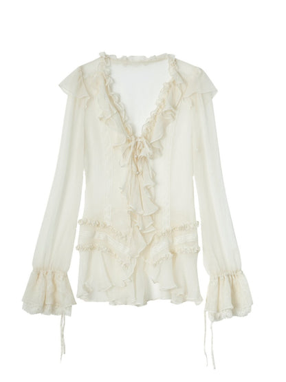 Lightweight Palace-Style Crepe Ruffle Classic Romantic Long-Sleeve Shirt【s0000018389】