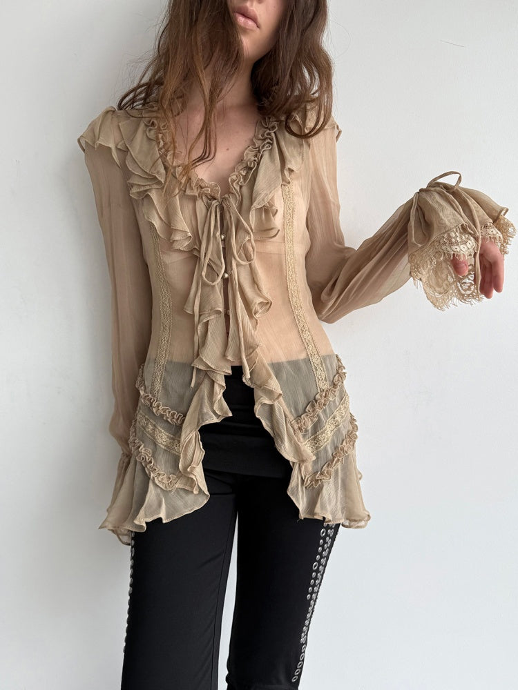 Lightweight Palace-Style Crepe Ruffle Classic Romantic Long-Sleeve Shirt【s0000018389】