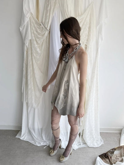 Faux Suede Print Zipper Backless Halter Neck Dress【s0000018390】