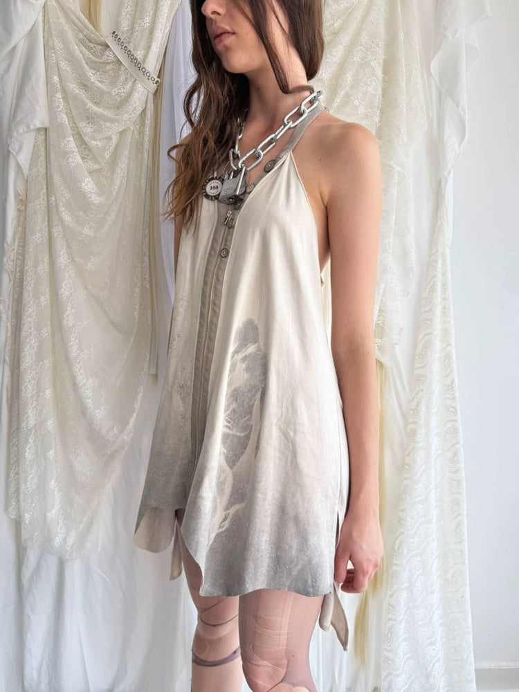 Faux Suede Print Zipper Backless Halter Neck Dress【s0000018390】