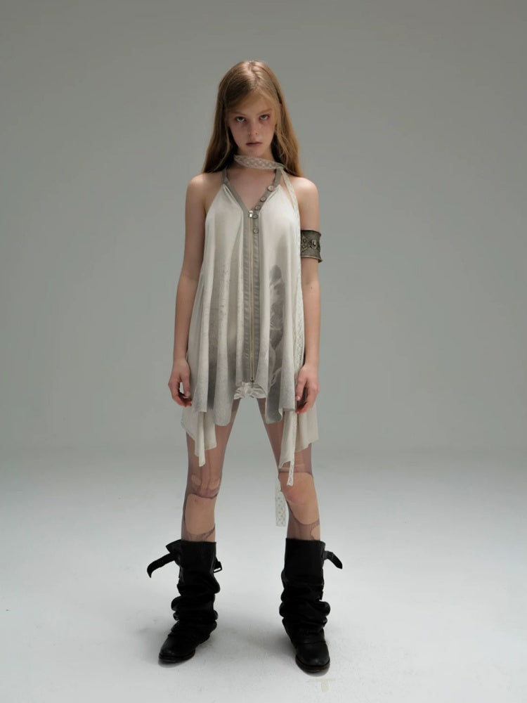Faux Suede Print Zipper Backless Halter Neck Dress【s0000018390】