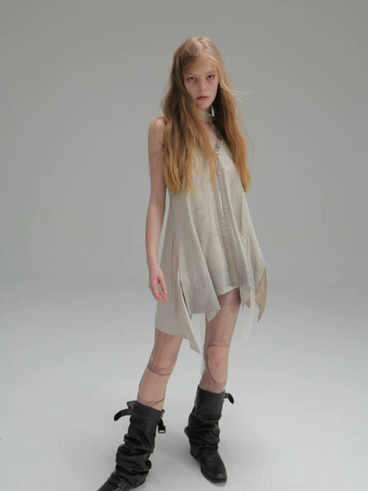 Faux Suede Print Zipper Backless Halter Neck Dress【s0000018390】