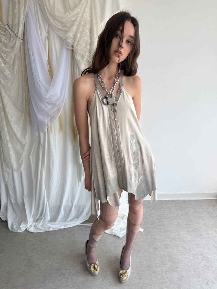 Faux Suede Print Zipper Backless Halter Neck Dress【s0000018390】
