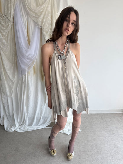 Faux Suede Print Zipper Backless Halter Neck Dress【s0000018390】