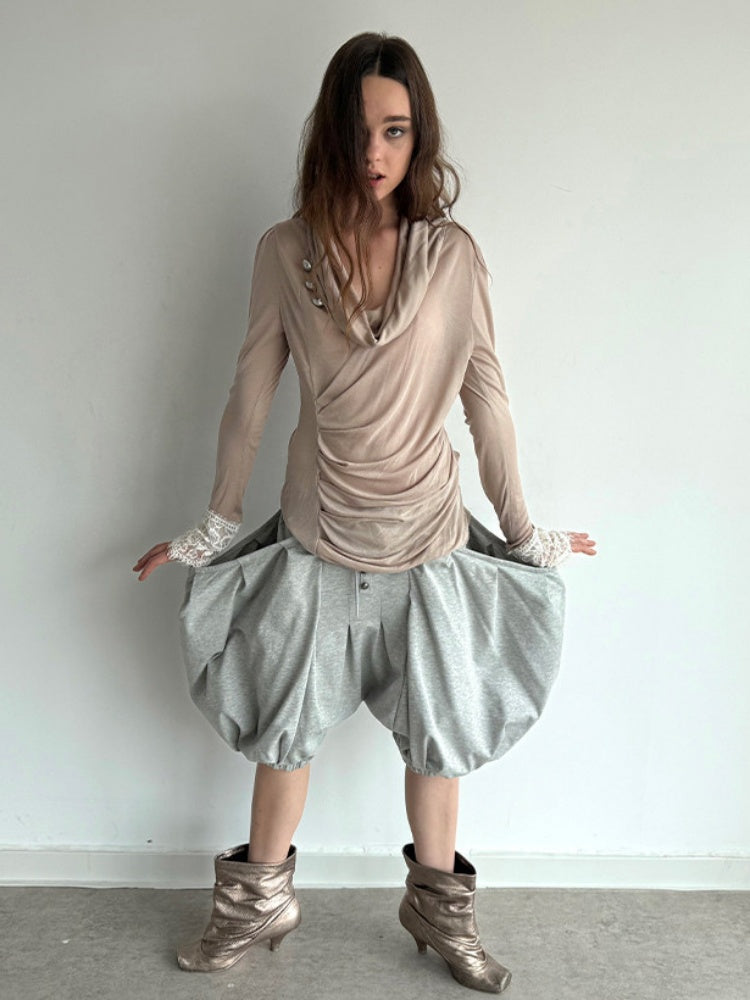 Swaying Collar Pleated Romantic Lace Long-Sleeve Top【s0000018392】