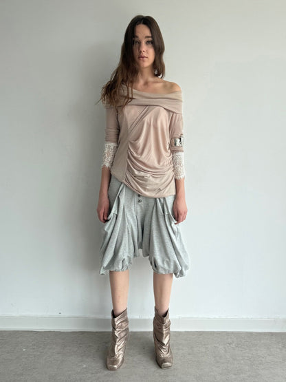 Swaying Collar Pleated Romantic Lace Long-Sleeve Top【s0000018392】