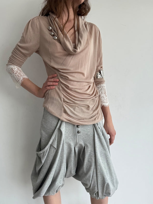 Swaying Collar Pleated Romantic Lace Long-Sleeve Top【s0000018392】