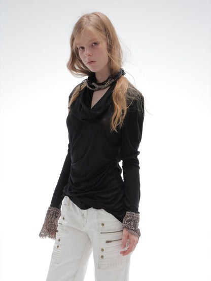 Swaying Collar Pleated Romantic Lace Long-Sleeve Top【s0000018392】