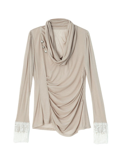 Swaying Collar Pleated Romantic Lace Long-Sleeve Top【s0000018392】