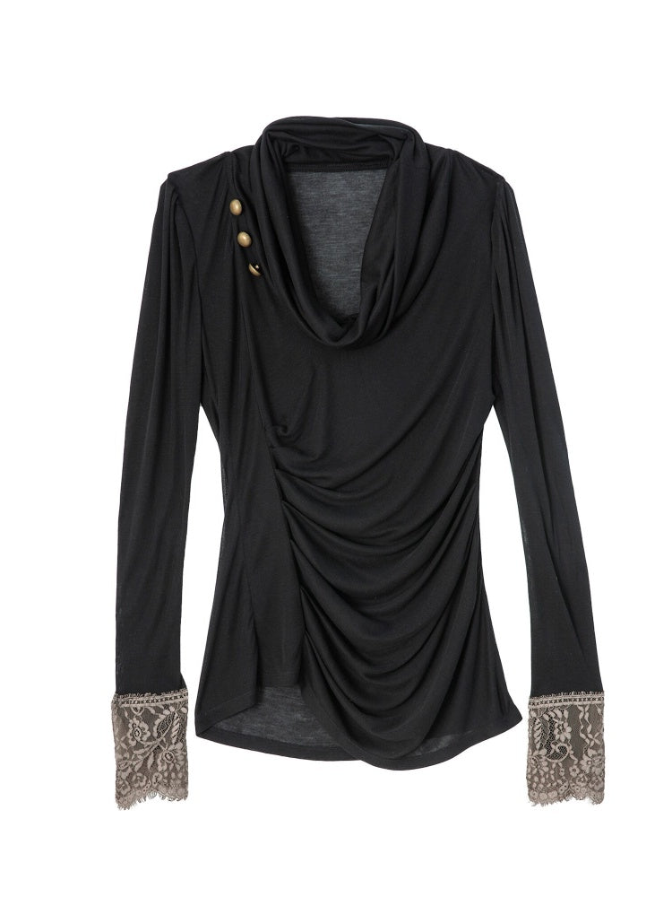 Swaying Collar Pleated Romantic Lace Long-Sleeve Top【s0000018392】