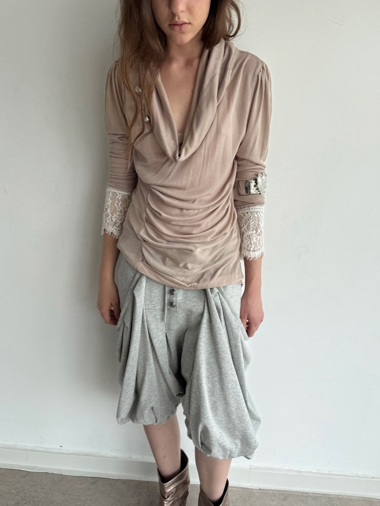 Swaying Collar Pleated Romantic Lace Long-Sleeve Top【s0000018392】