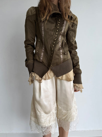 Satin Elastic Waist Lace Patchwork Loose Five-Quarter Shorts【s0000018393】