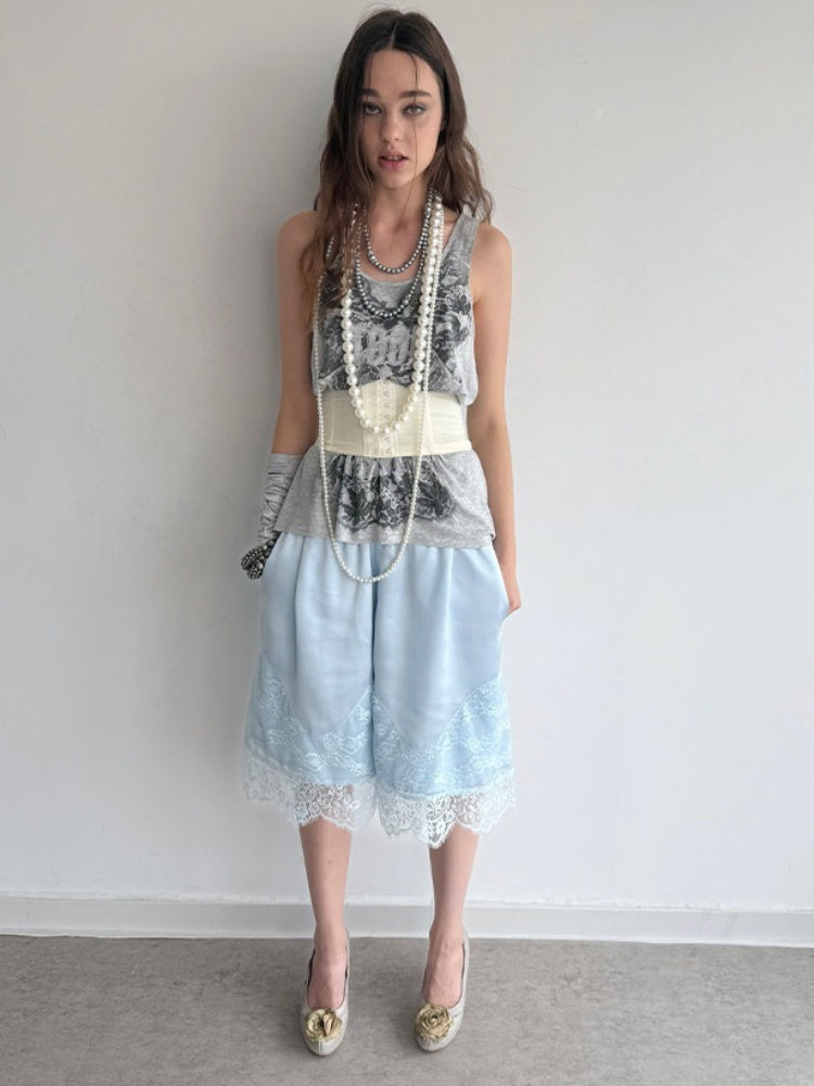 Satin Elastic Waist Lace Patchwork Loose Five-Quarter Shorts【s0000018393】