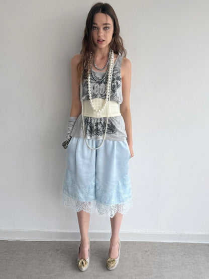 Satin Elastic Waist Lace Patchwork Loose Five-Quarter Shorts【s0000018393】
