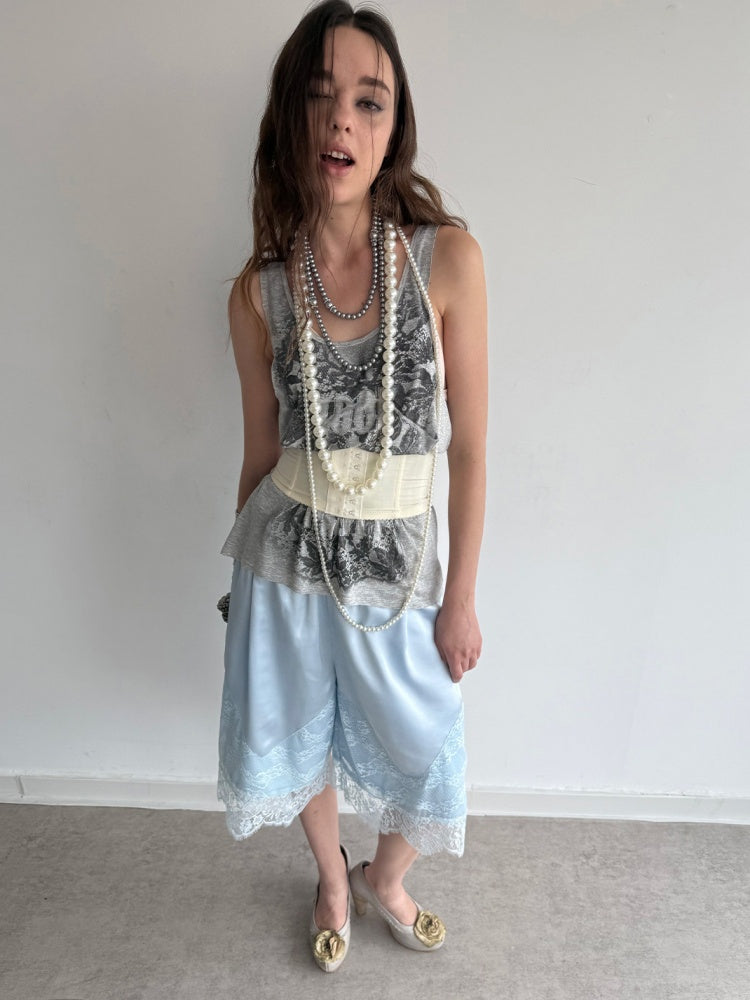 Satin Elastic Waist Lace Patchwork Loose Five-Quarter Shorts【s0000018393】