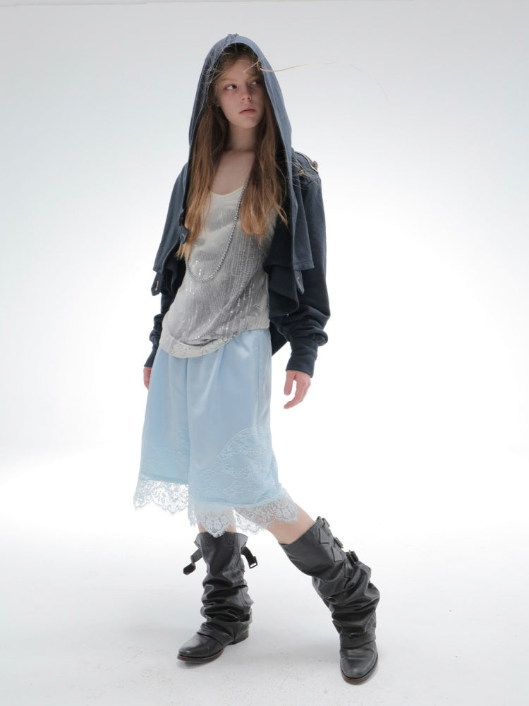 Satin Elastic Waist Lace Patchwork Loose Five-Quarter Shorts【s0000018393】