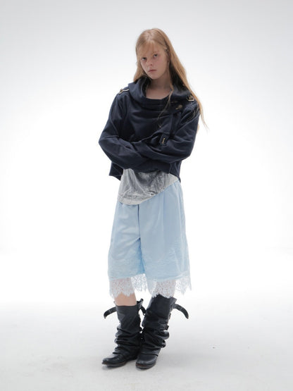 Satin Elastic Waist Lace Patchwork Loose Five-Quarter Shorts【s0000018393】