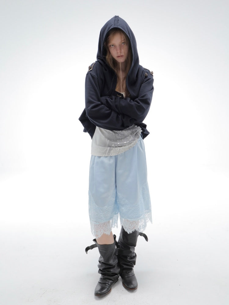 Satin Elastic Waist Lace Patchwork Loose Five-Quarter Shorts【s0000018393】
