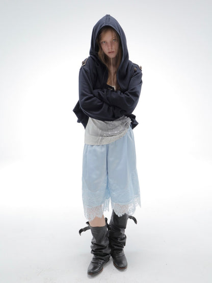 Satin Elastic Waist Lace Patchwork Loose Five-Quarter Shorts【s0000018393】