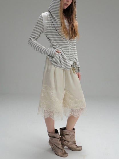 Satin Elastic Waist Lace Patchwork Loose Five-Quarter Shorts【s0000018393】