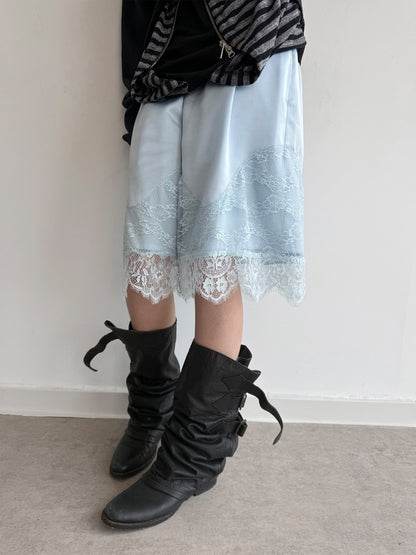 Satin Elastic Waist Lace Patchwork Loose Five-Quarter Shorts【s0000018393】