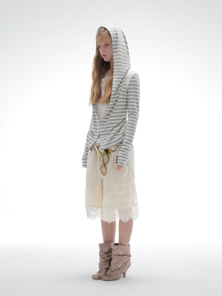 Satin Elastic Waist Lace Patchwork Loose Five-Quarter Shorts【s0000018393】