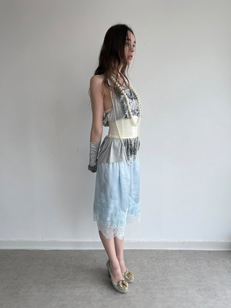 Satin Elastic Waist Lace Patchwork Loose Five-Quarter Shorts【s0000018393】