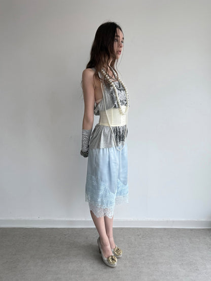 Satin Elastic Waist Lace Patchwork Loose Five-Quarter Shorts【s0000018393】