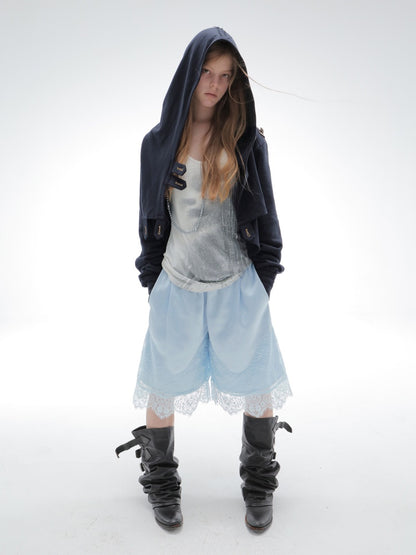 Satin Elastic Waist Lace Patchwork Loose Five-Quarter Shorts【s0000018393】