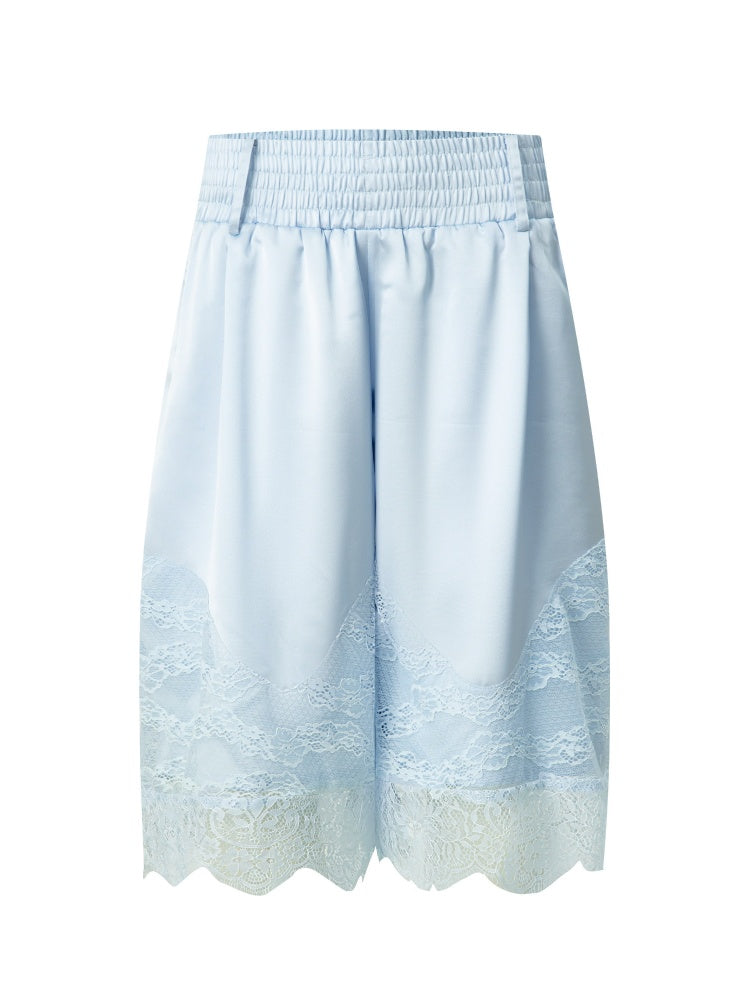 Satin Elastic Waist Lace Patchwork Loose Five-Quarter Shorts【s0000018393】