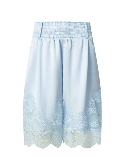 Satin Elastic Waist Lace Patchwork Loose Five-Quarter Shorts【s0000018393】