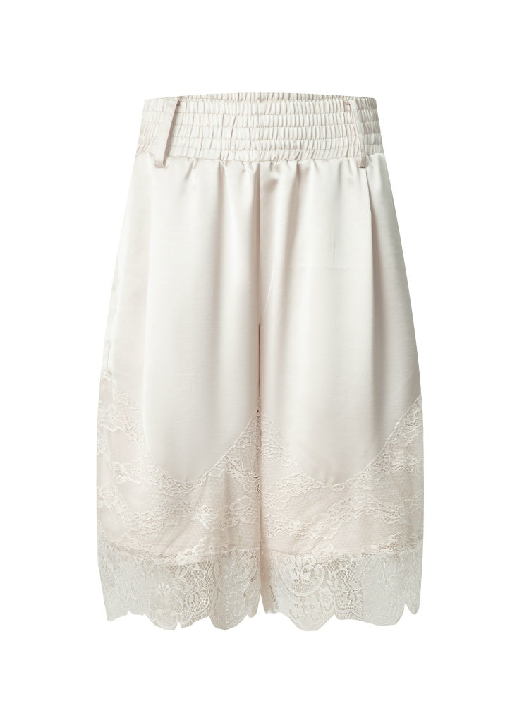 Satin Elastic Waist Lace Patchwork Loose Five-Quarter Shorts【s0000018393】