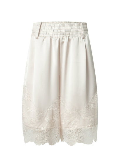 Satin Elastic Waist Lace Patchwork Loose Five-Quarter Shorts【s0000018393】