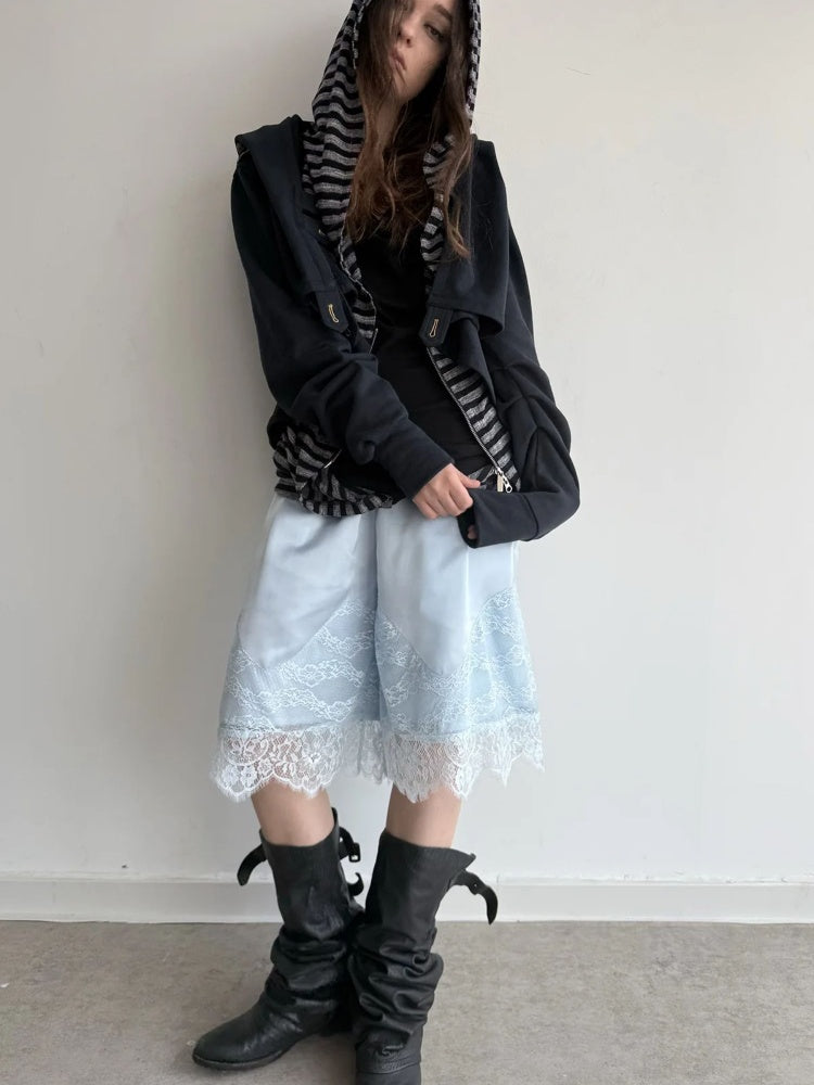 Satin Elastic Waist Lace Patchwork Loose Five-Quarter Shorts【s0000018393】