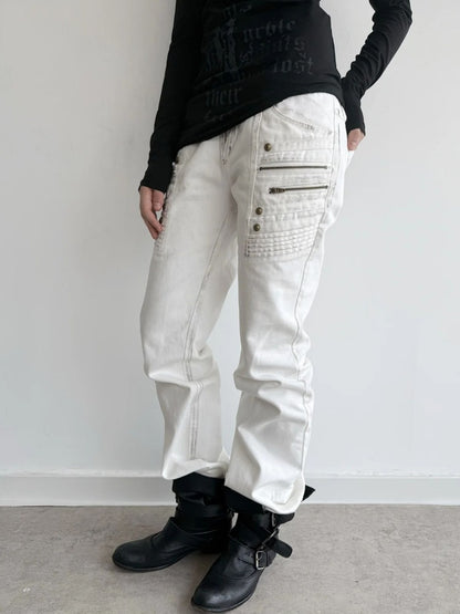 Straight-Leg Slightly Flared Low-Rise Millennium 3D Stitching Distressed Jeans【s0000018394】