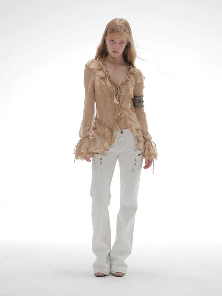 Straight-Leg Slightly Flared Low-Rise Millennium 3D Stitching Distressed Jeans【s0000018394】