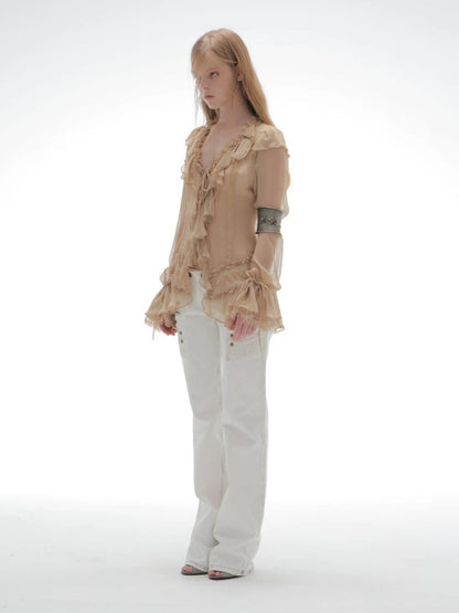 Straight-Leg Slightly Flared Low-Rise Millennium 3D Stitching Distressed Jeans【s0000018394】