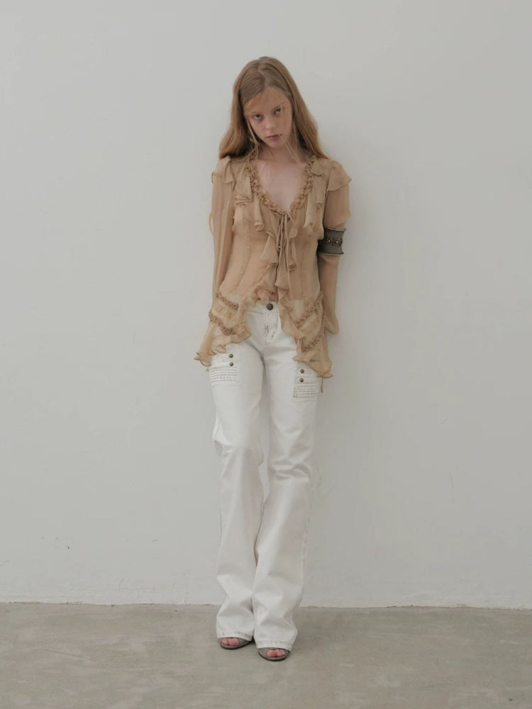 Straight-Leg Slightly Flared Low-Rise Millennium 3D Stitching Distressed Jeans【s0000018394】