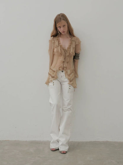 Straight-Leg Slightly Flared Low-Rise Millennium 3D Stitching Distressed Jeans【s0000018394】