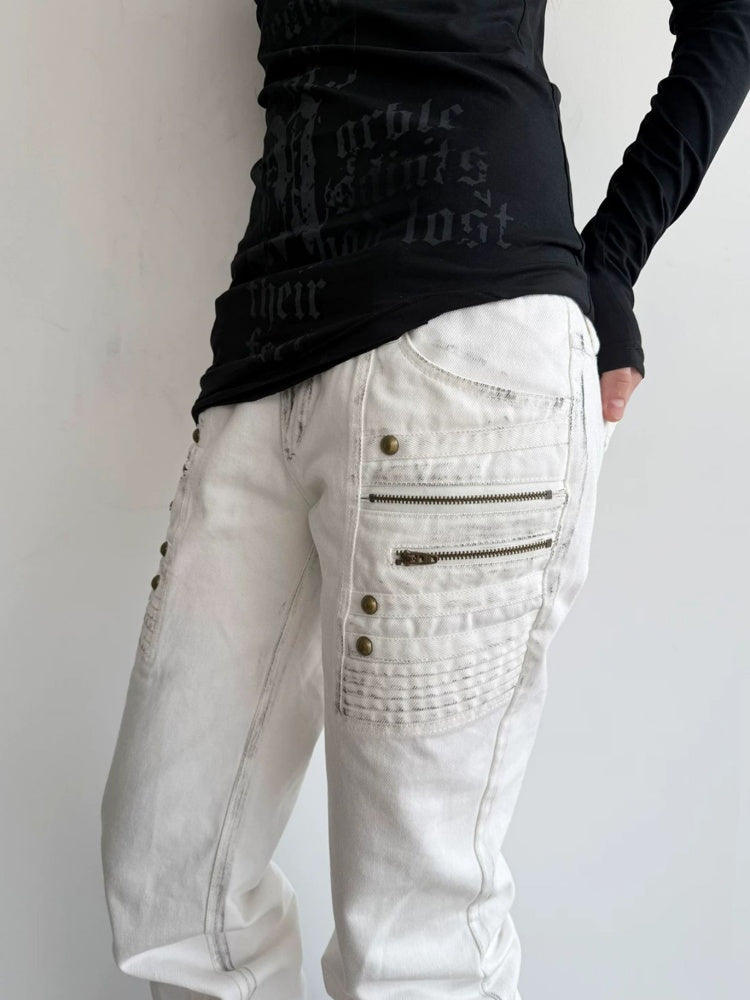 Straight-Leg Slightly Flared Low-Rise Millennium 3D Stitching Distressed Jeans【s0000018394】