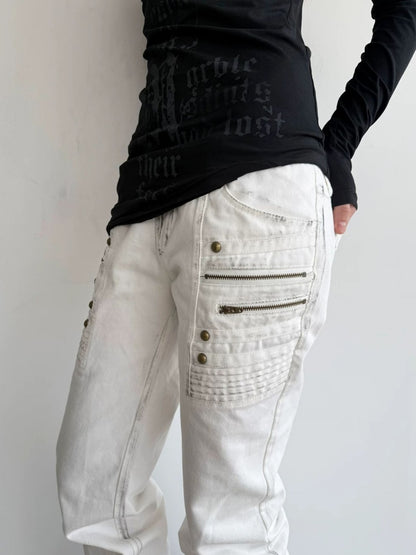 Straight-Leg Slightly Flared Low-Rise Millennium 3D Stitching Distressed Jeans【s0000018394】