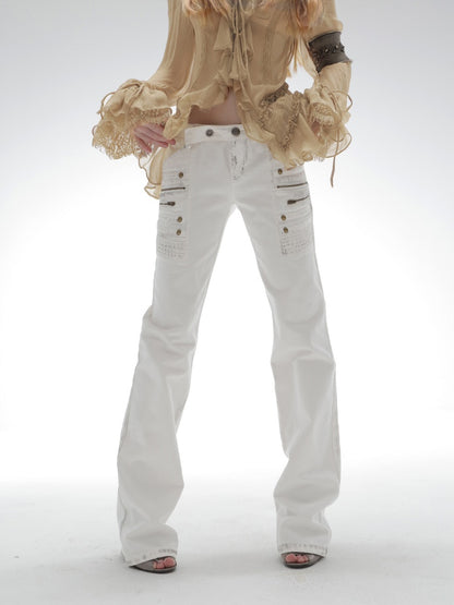 Straight-Leg Slightly Flared Low-Rise Millennium 3D Stitching Distressed Jeans【s0000018394】